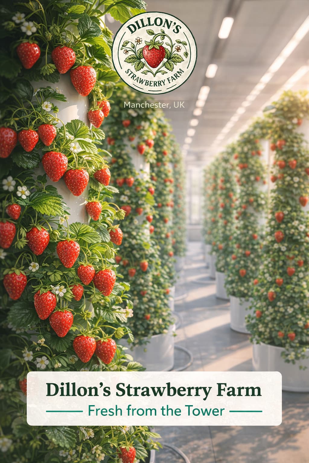 Vertical social media post for Dillon's Strawberry Farm featuring strawberries growing on modern vertical grow towers
