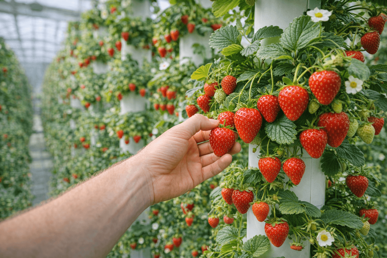 Fresh ripe strawberries growing on vertical tower at Dillon's Strawberry Farm