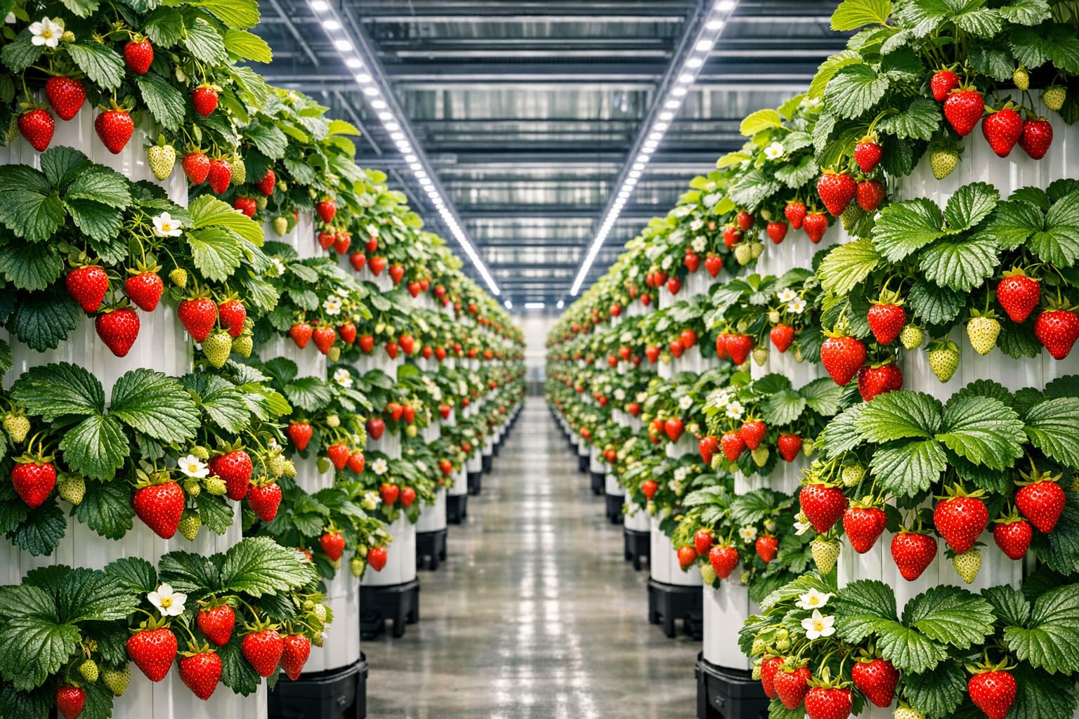 Vertical farming grow towers with strawberry plants in a modern indoor farm