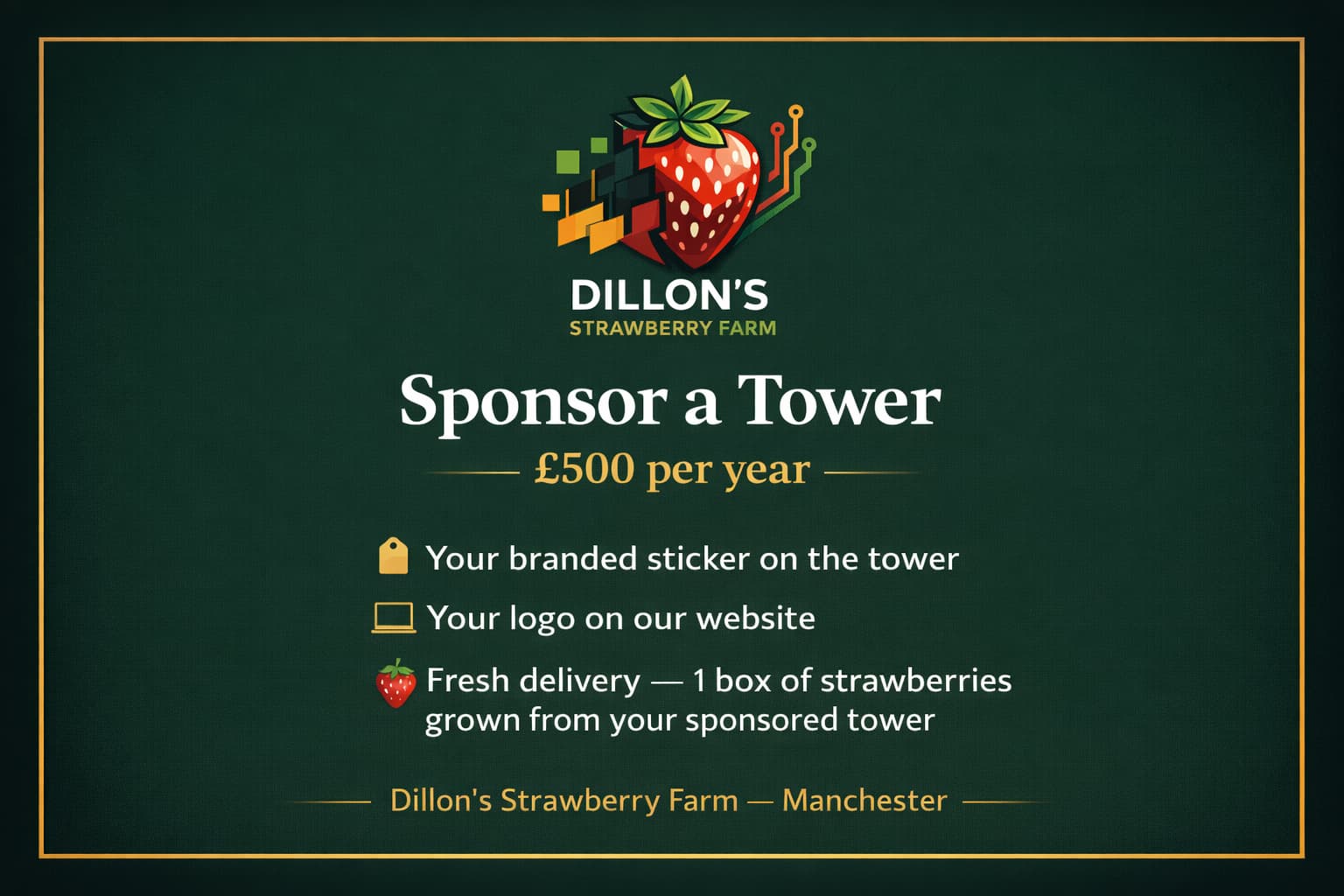 Sponsor a Tower promotional graphic with fresh strawberry delivery benefit for Dillon's Strawberry Farm