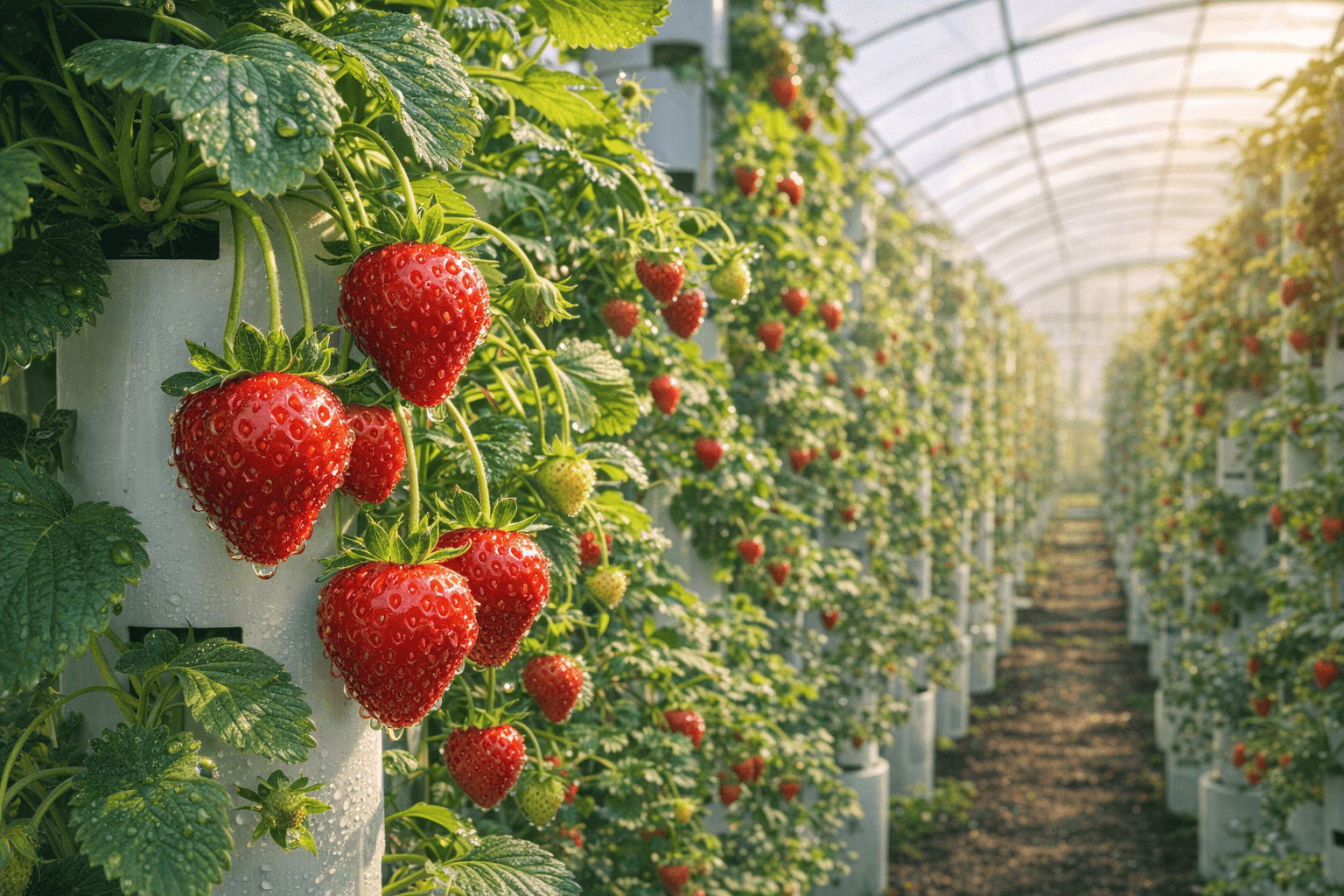 Fresh red strawberries growing on vertical grow towers at Dillon's Strawberry Farm with sunlight streaming through