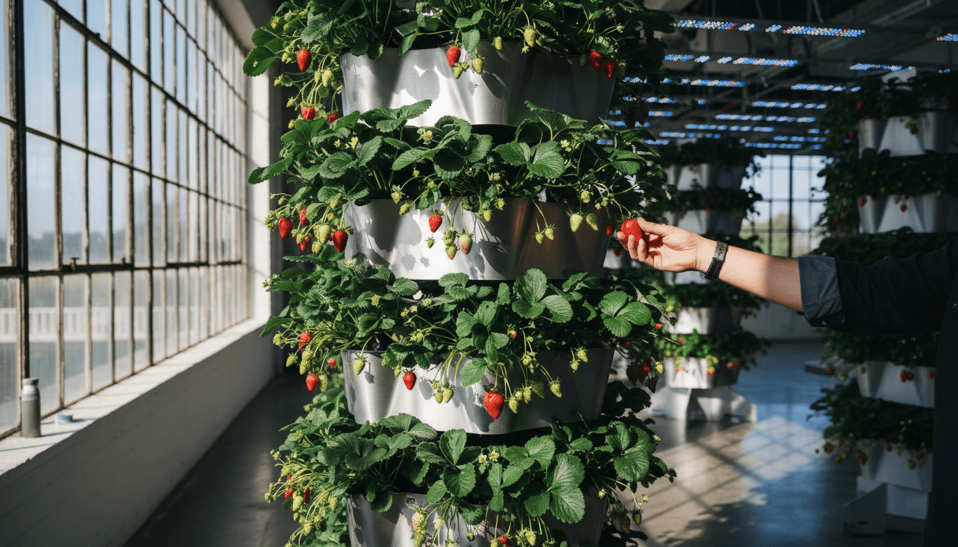 Vertical grow tower with ripe strawberries and harvest in progress