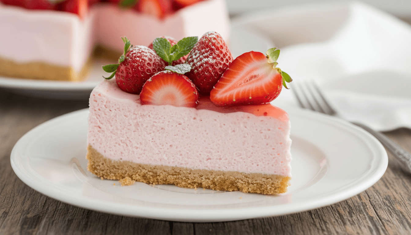No-bake strawberry cheesecake slice with creamy filling and fresh strawberries