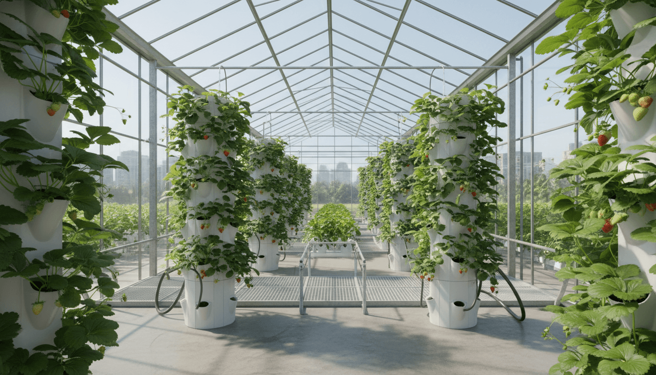Vertical grow towers at Dillon's Strawberry farm in Manchester, showing pesticide-free strawberry plants growing sustainably
