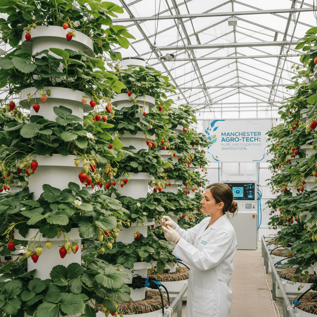 Technician inspecting pristine strawberry plants in controlled greenhouse environment