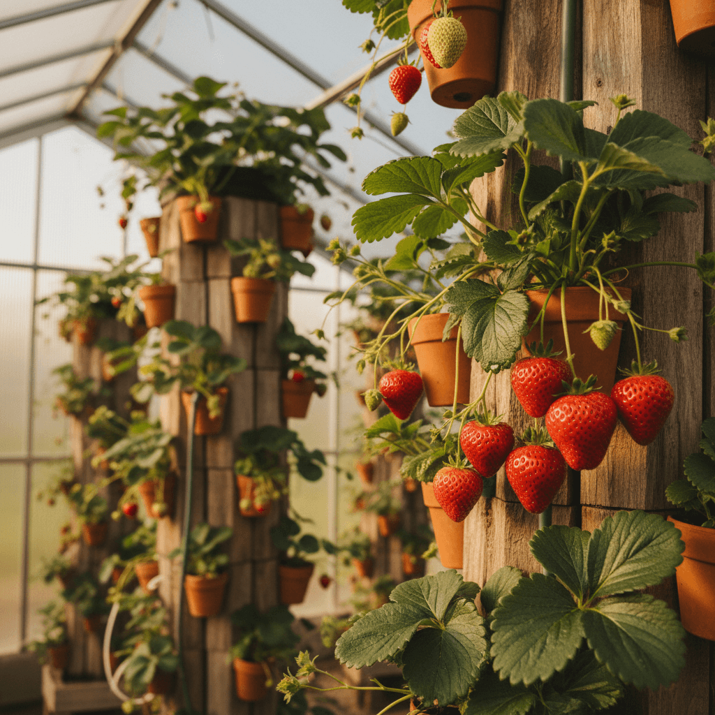 Strawberries growing in vertical towers at Manchester farm