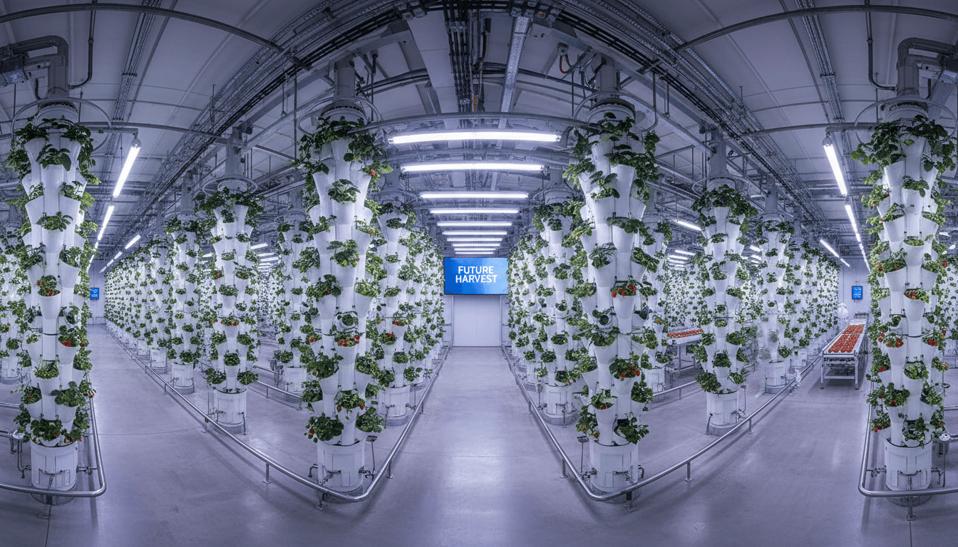 Vertical grow towers with strawberry plants in modern indoor farm setting