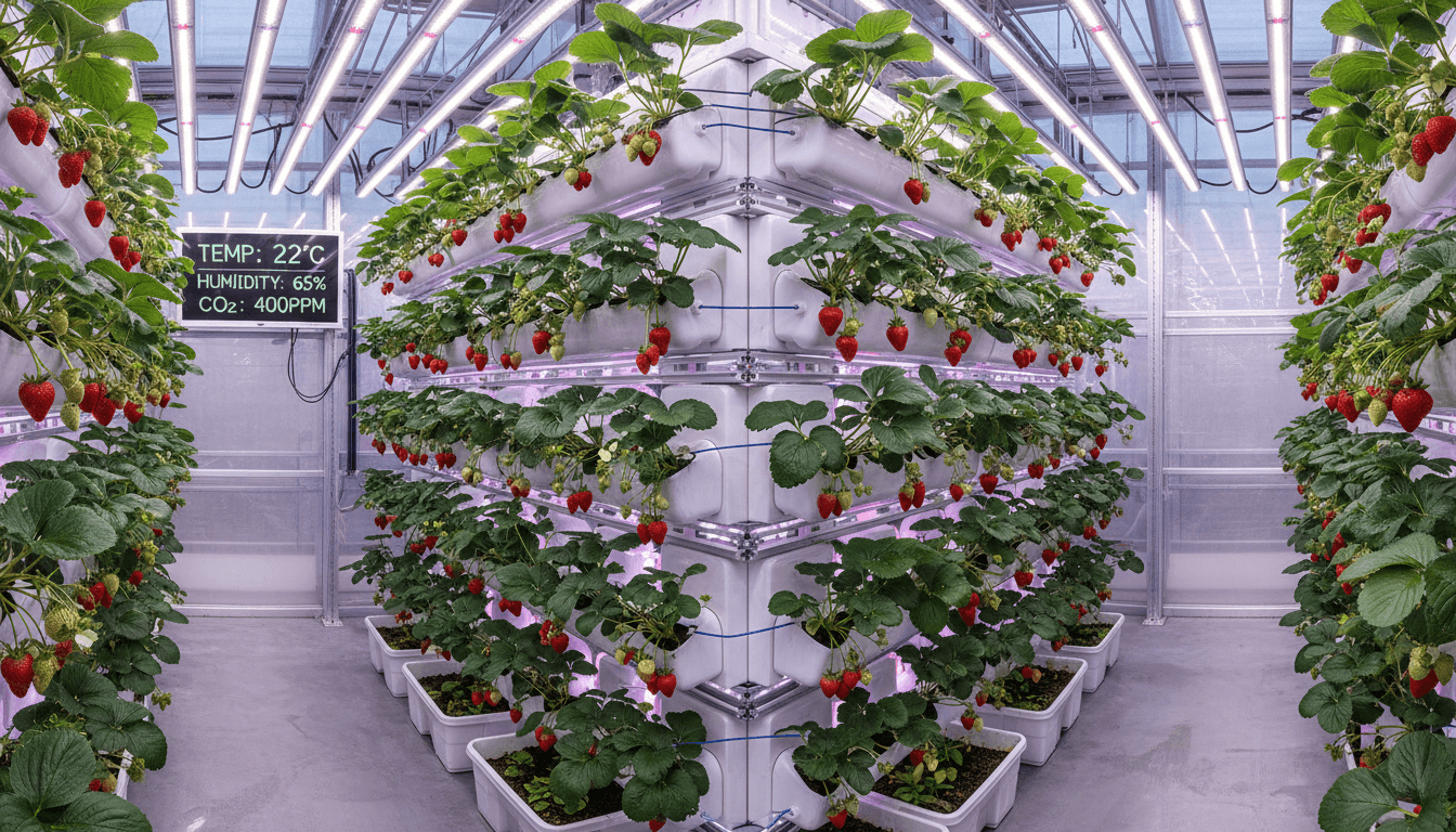 Profit Share partnership - strawberry vertical tower with mature plants and harvest