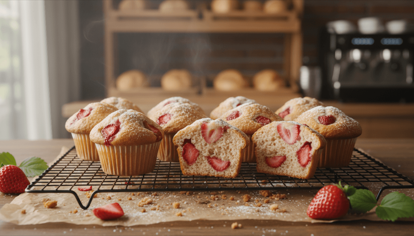 Freshly baked strawberry muffins with golden tops and visible berries cooling on wire rack