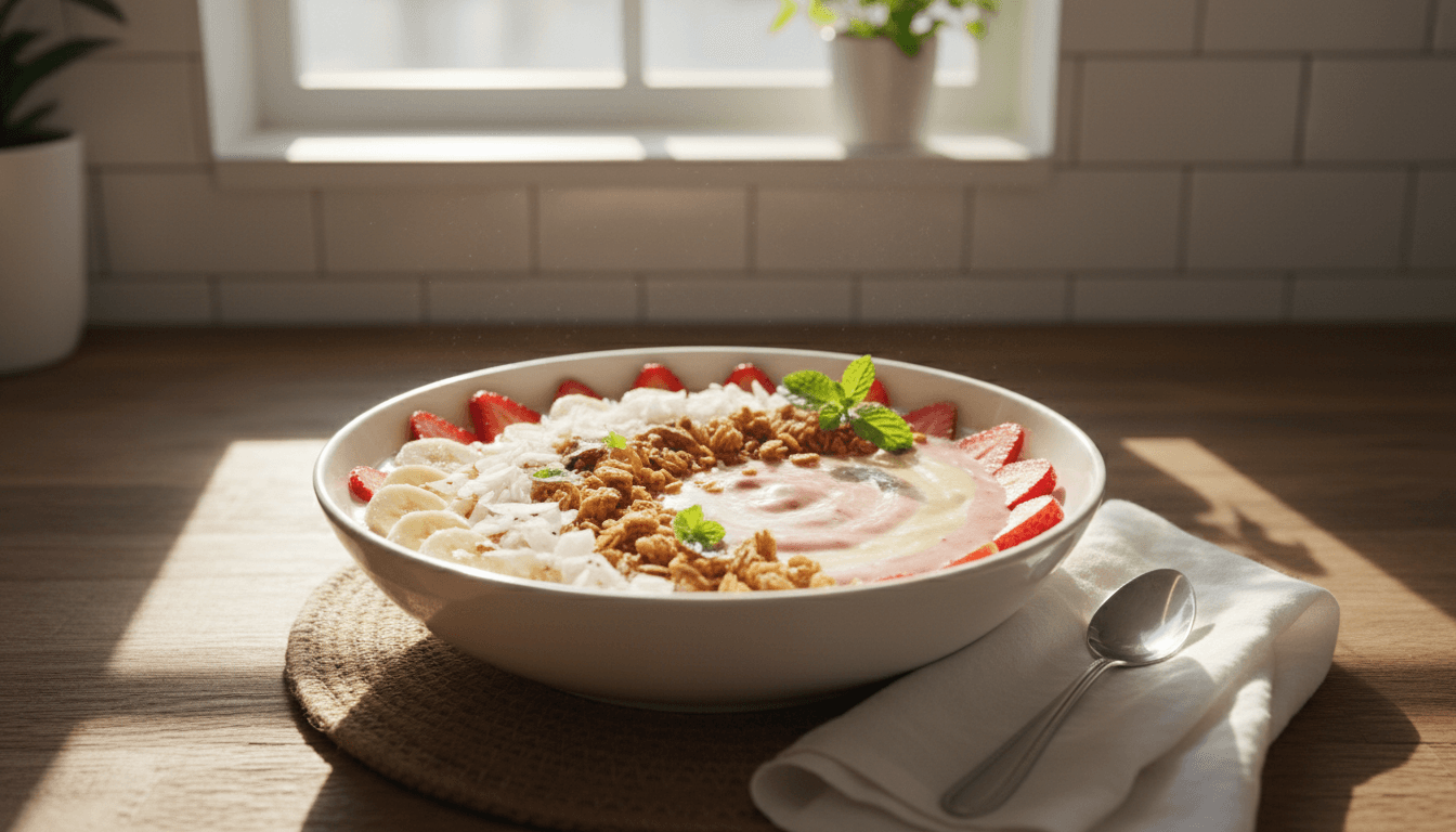Strawberry banana smoothie bowl with coconut and granola on bright white background