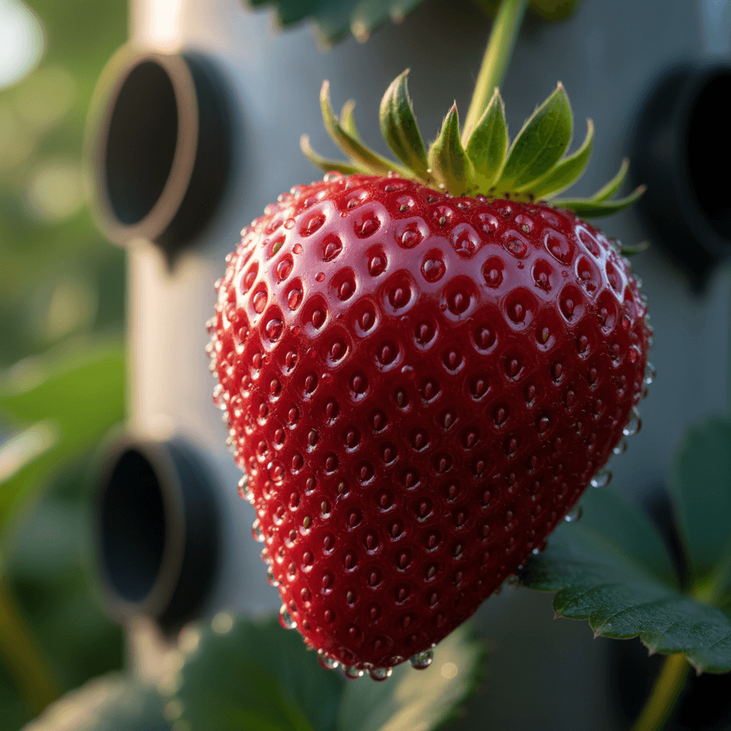 Premium quality strawberry with perfect form and color under controlled growing conditions