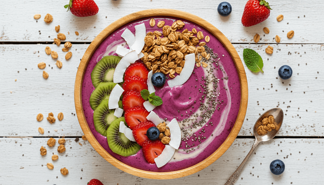 Colorful smoothie bowl with strawberries, kiwi, and toppings
