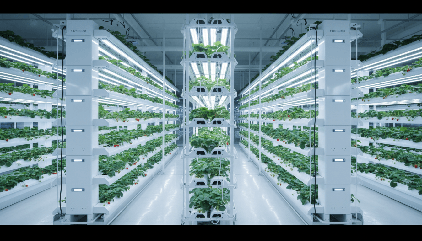 Vertical strawberry growing towers at Dillon's Strawberry Farm in Manchester with modern LED grow lights