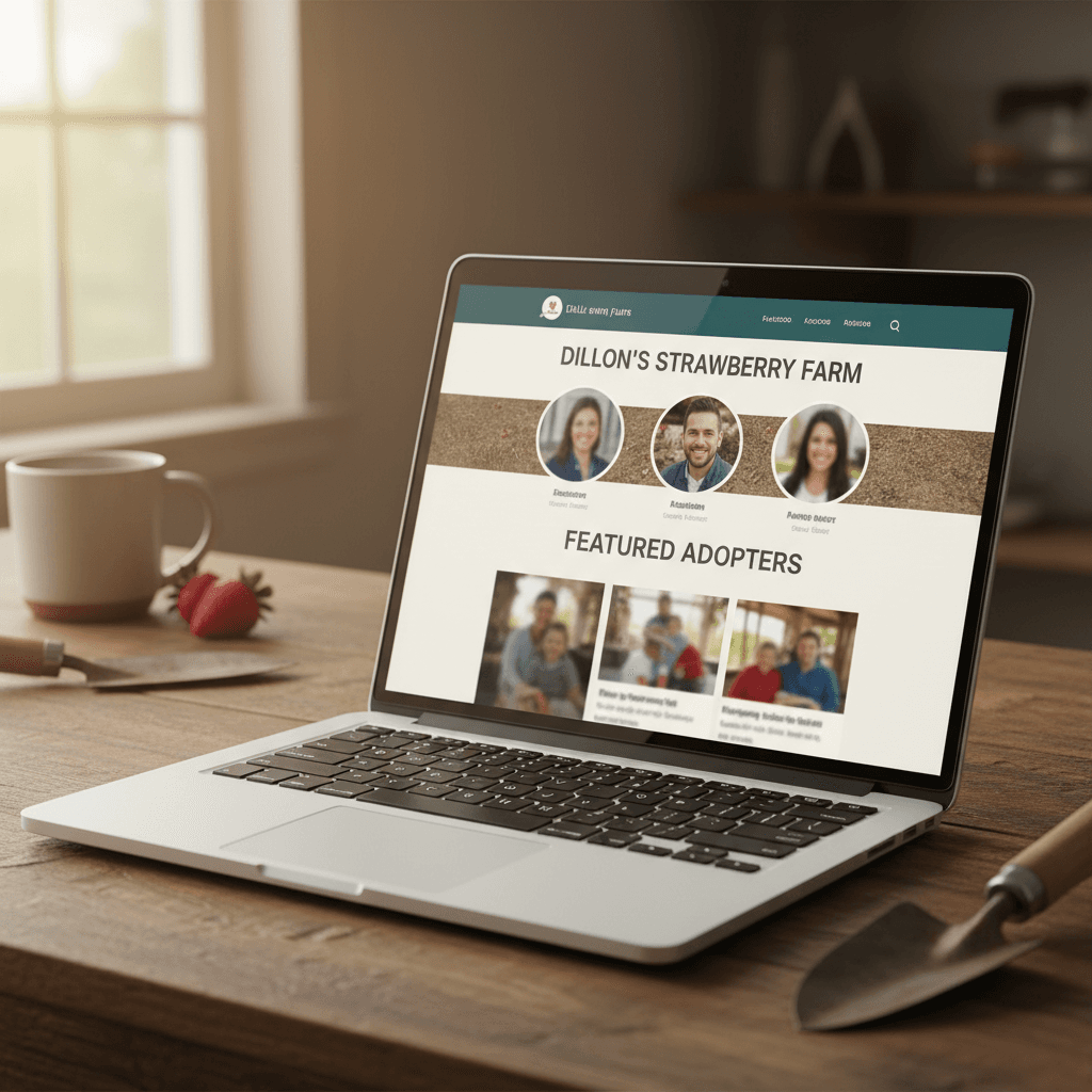 Dillon's Strawberry Farm website showing adopter features