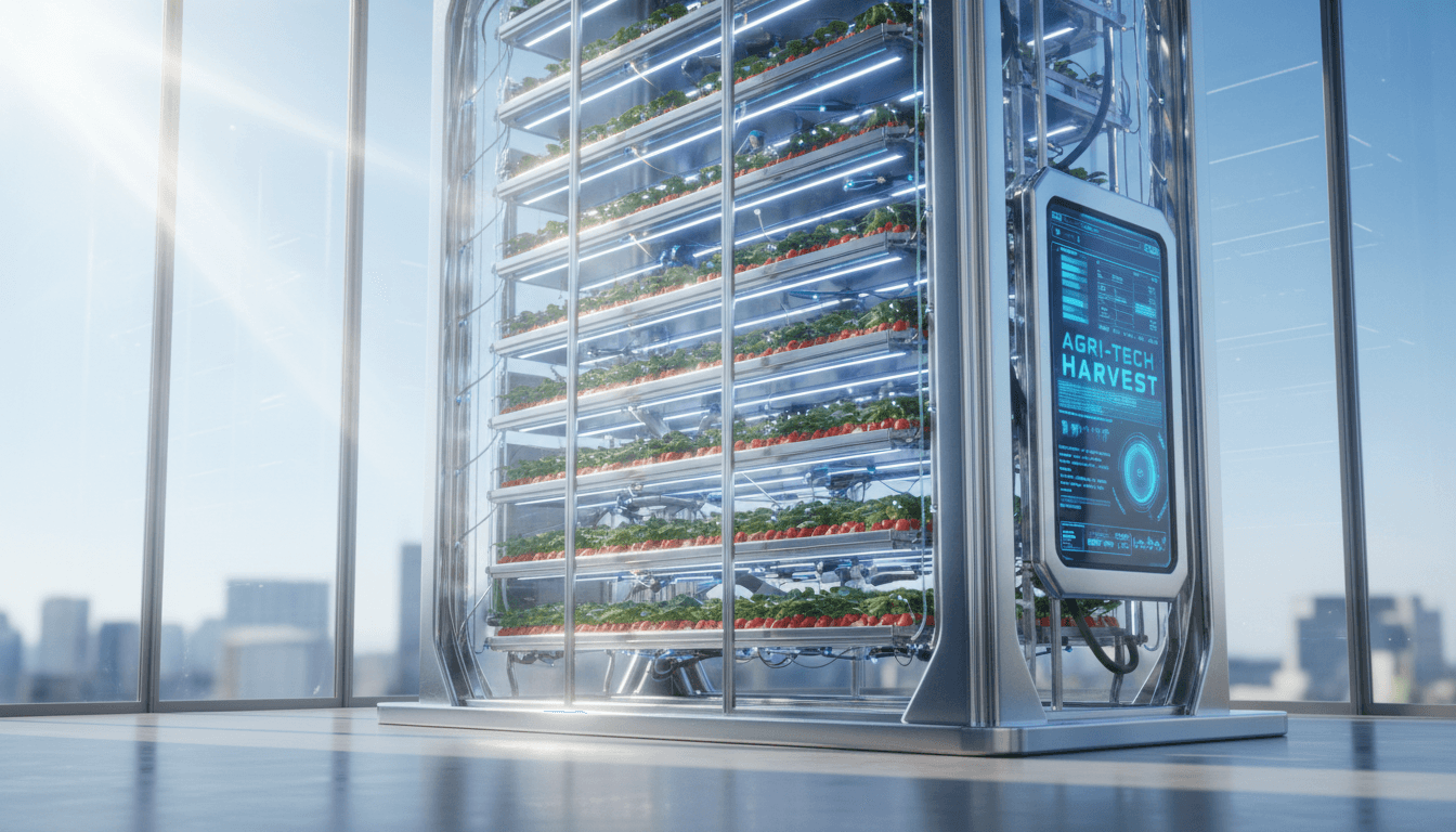 Vertical farming tower with strawberries growing under bright lighting in modern agricultural facility