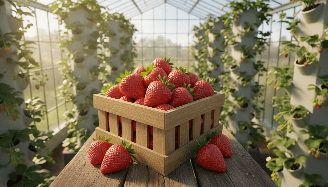 Ripe strawberries in harvest crate inside vertical grow tower greenhouse in Manchester