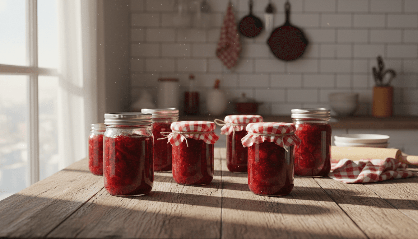 Collection of homemade strawberry jam jars in rustic kitchen