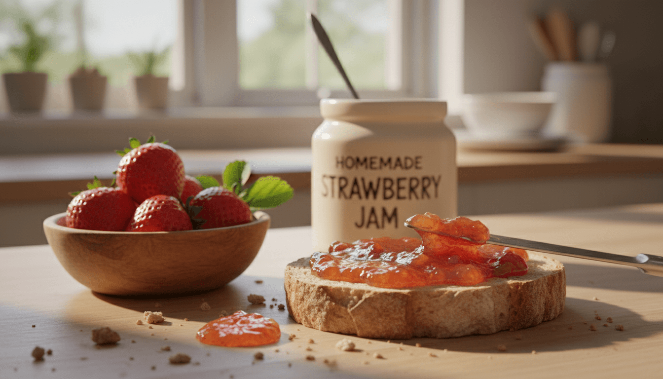 Strawberry jam spread on bread with fresh berries nearby
