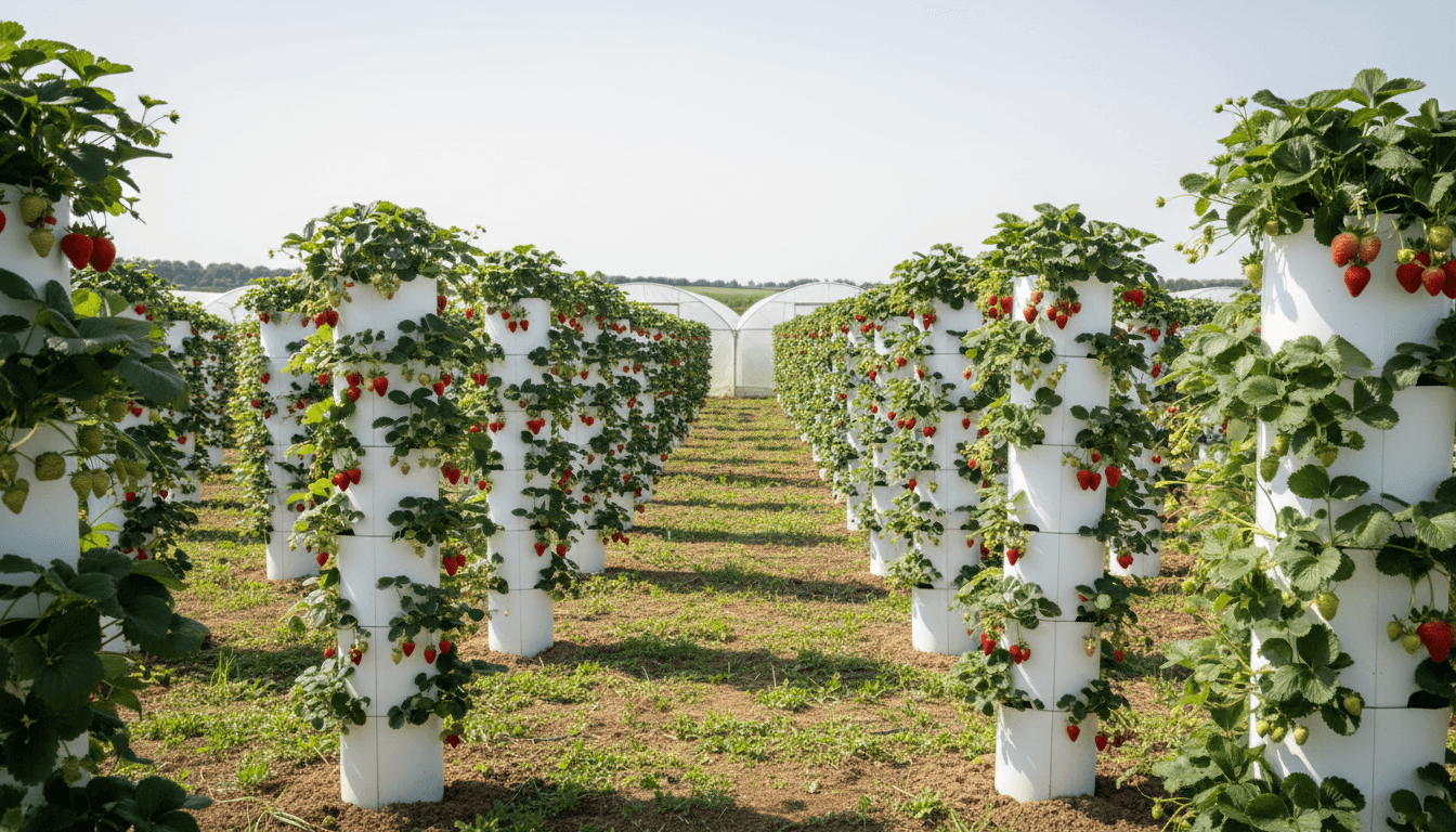 Vertical strawberry grow towers in outdoor field with ripe strawberries
