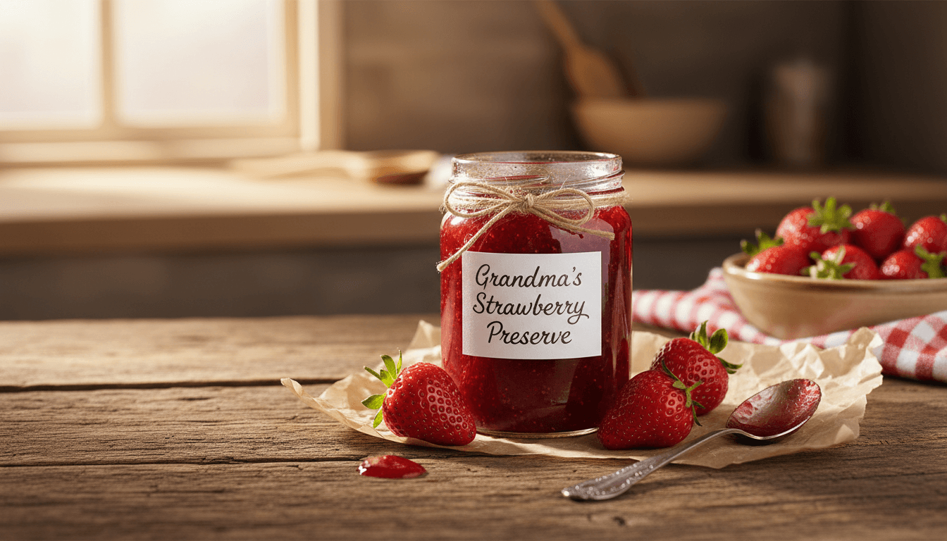 Labeled strawberry jam jar with fresh berries on wooden surface