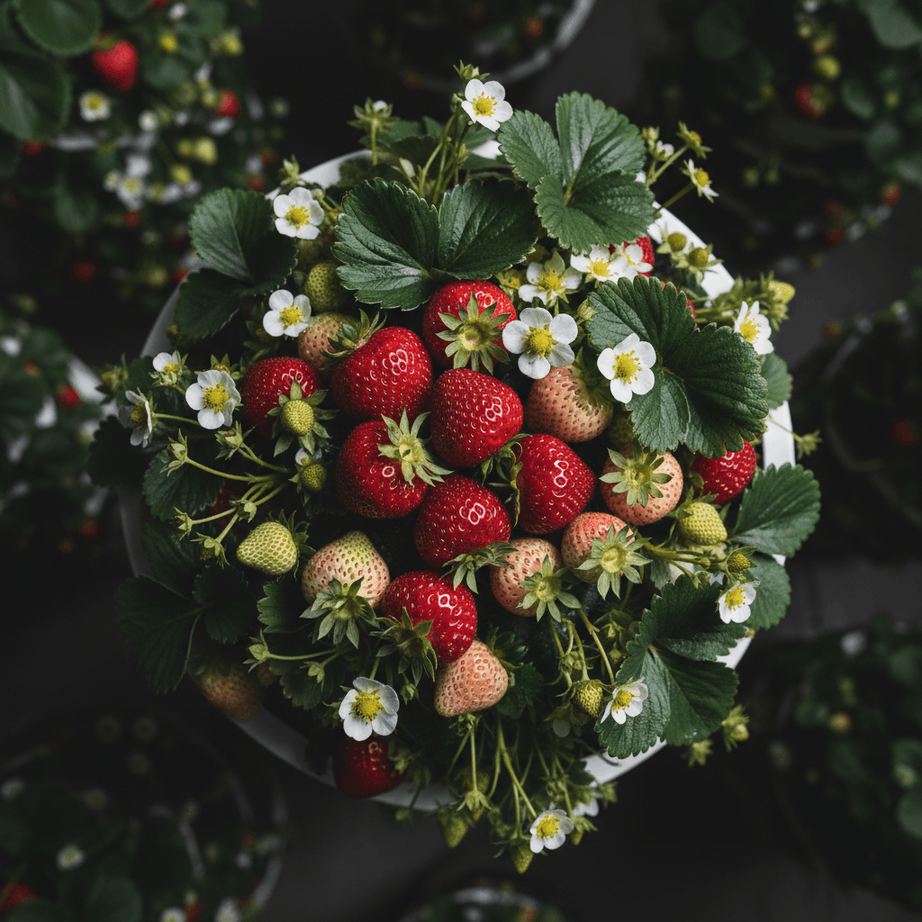 Strawberries at multiple ripeness stages on vertical grow tower