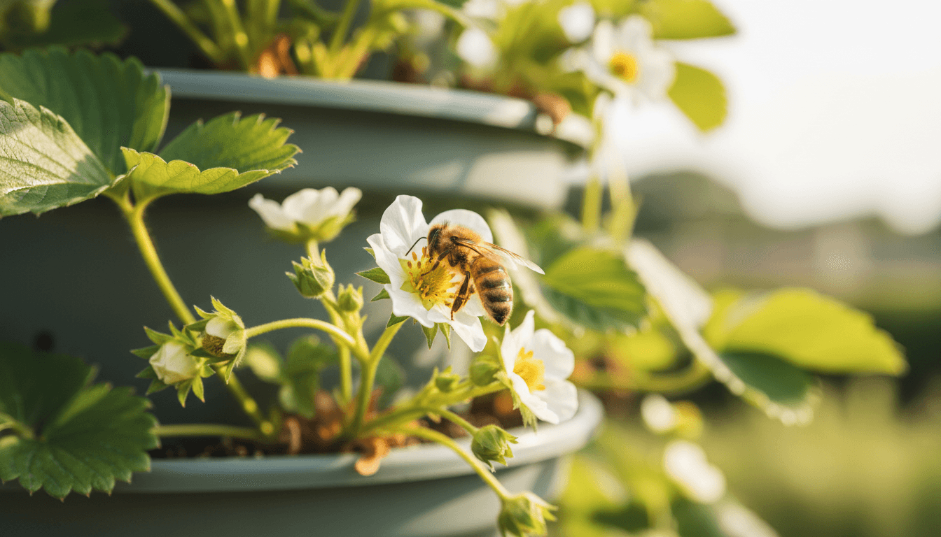 Bee pollinating a strawberry flower on a vertical tower at Dillon's Strawberry farm