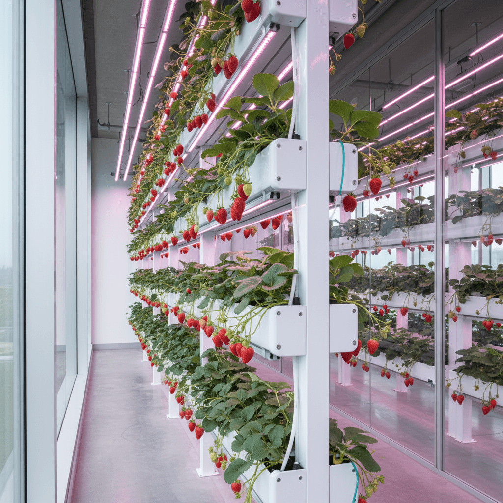 Ripe strawberries in vertical farm