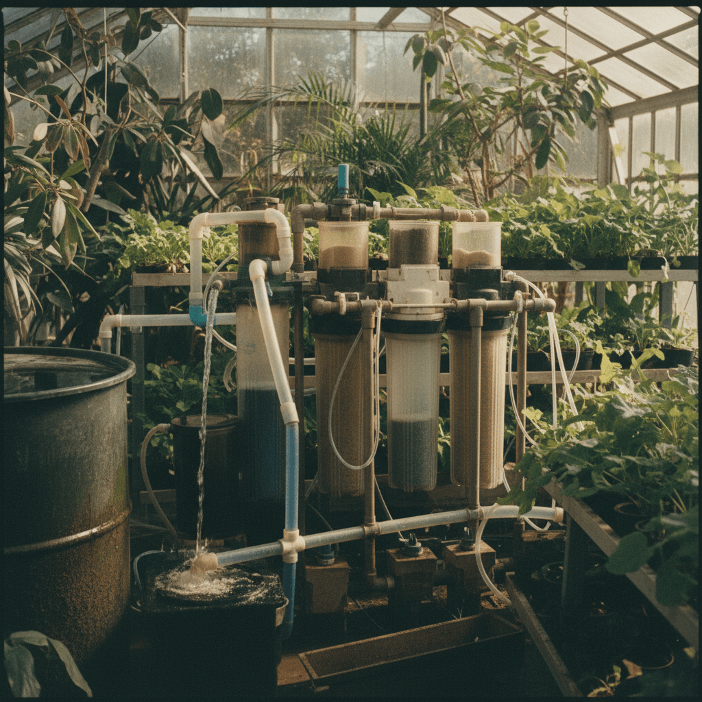 Water recycling filtration system cycling water through the grow tower