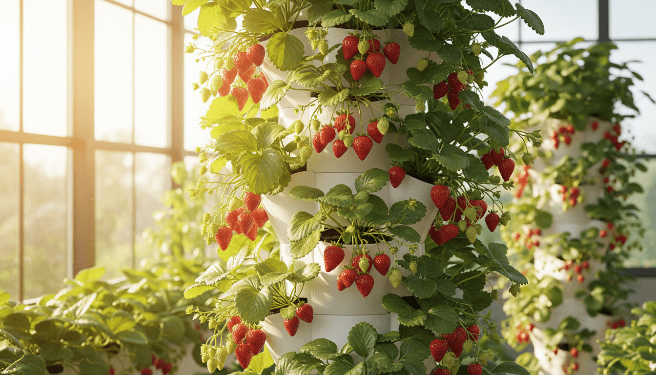 Fresh strawberries growing in vertical tower at Dillon's Farm