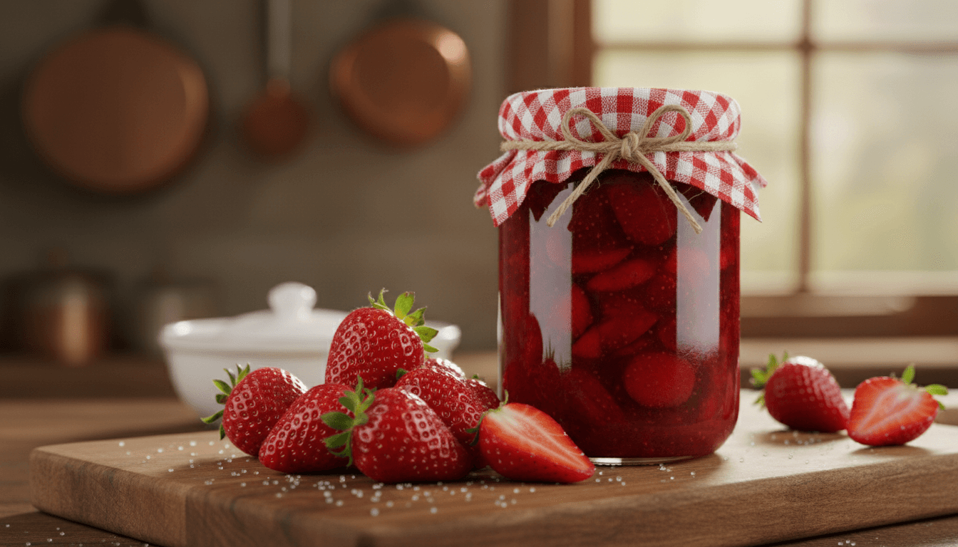 Homemade strawberry jam in glass jar with fresh berries