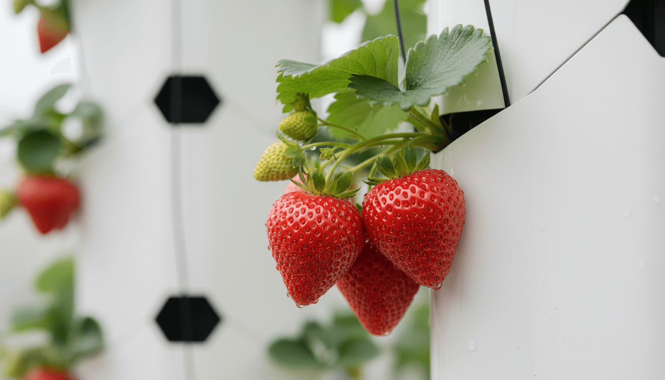 Close-up of ripe strawberries growing in a vertical tower system