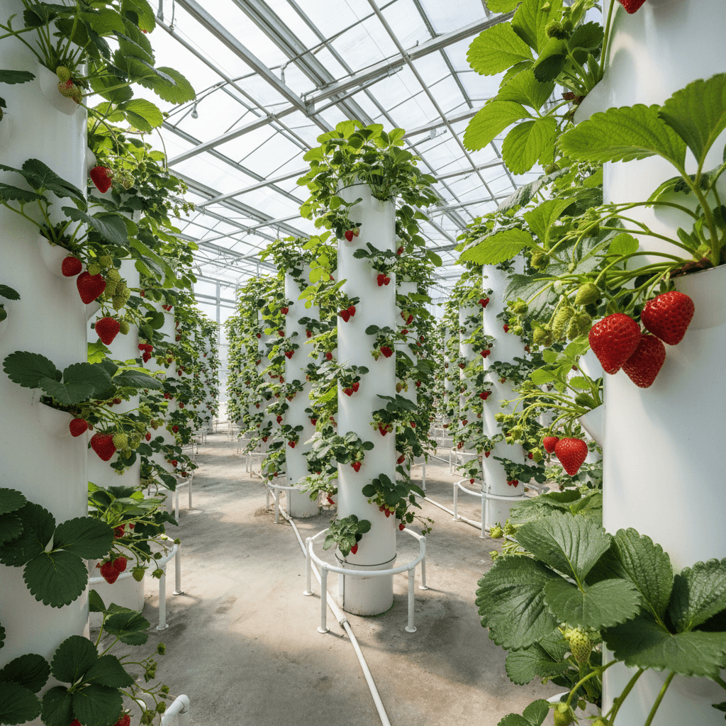 Pesticide-free vertical grow towers with healthy strawberry plants