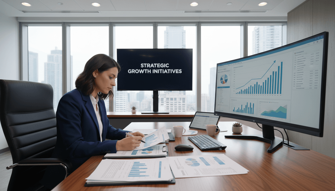 Financial advisor reviewing tax incentive documents and investment paperwork at modern office desk
