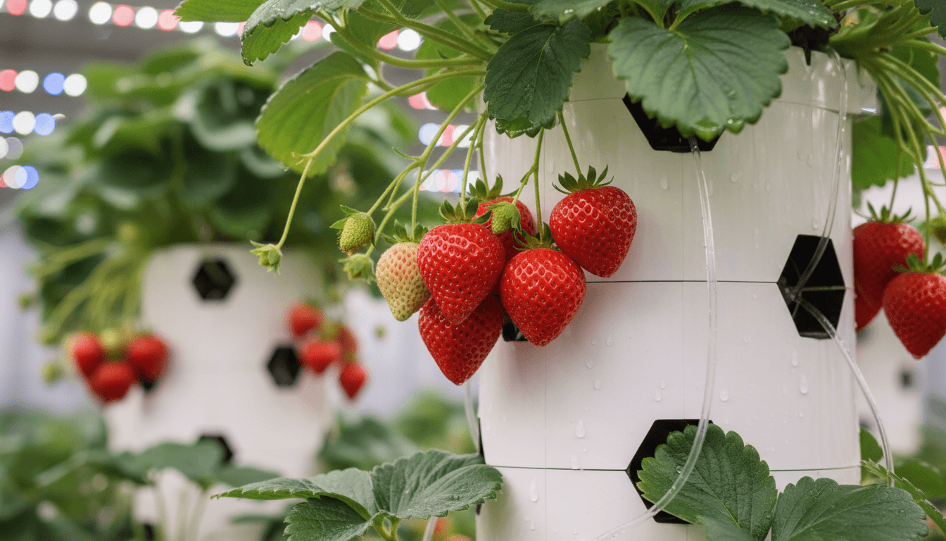 Fresh strawberries ripening on vertical tower system
