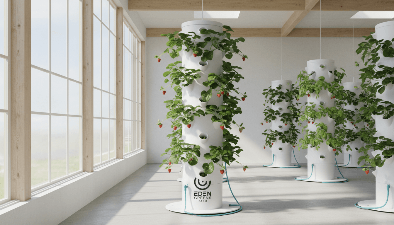 Vertical grow tower with fresh strawberry plants in a sustainable indoor farming environment