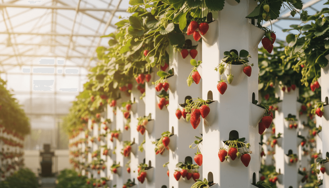 Ripe red strawberries on vertical growing towers at Dillon's Strawberry Farm in Manchester