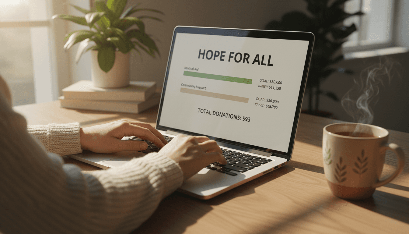 Person creating a GoFundMe fundraising campaign on laptop