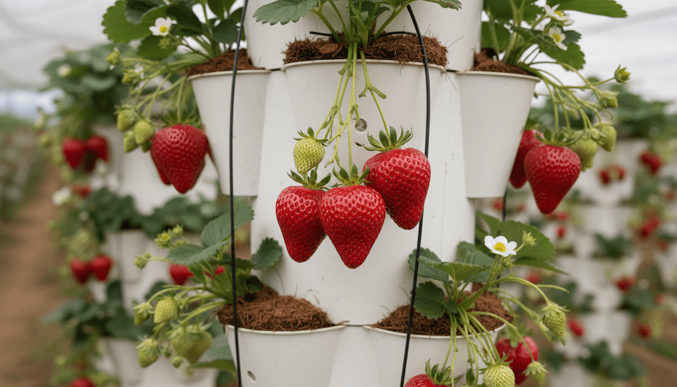 Close-up detail of vertical tower with strawberry plants and ripe berries
