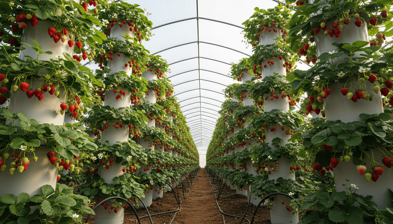 Vertical strawberry towers with ripe strawberries growing in multiple tiers
