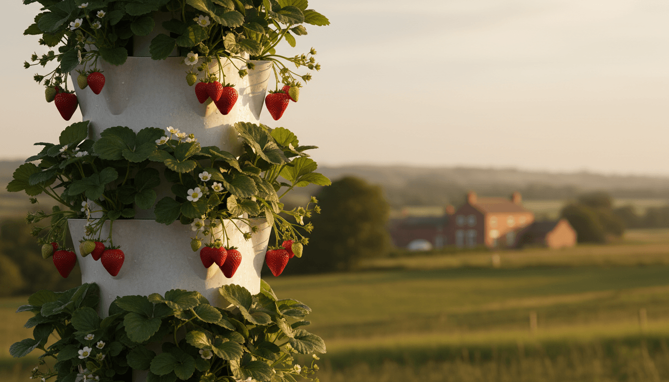 Fresh strawberries growing in a vertical grow tower at Dillon's Strawberry farm