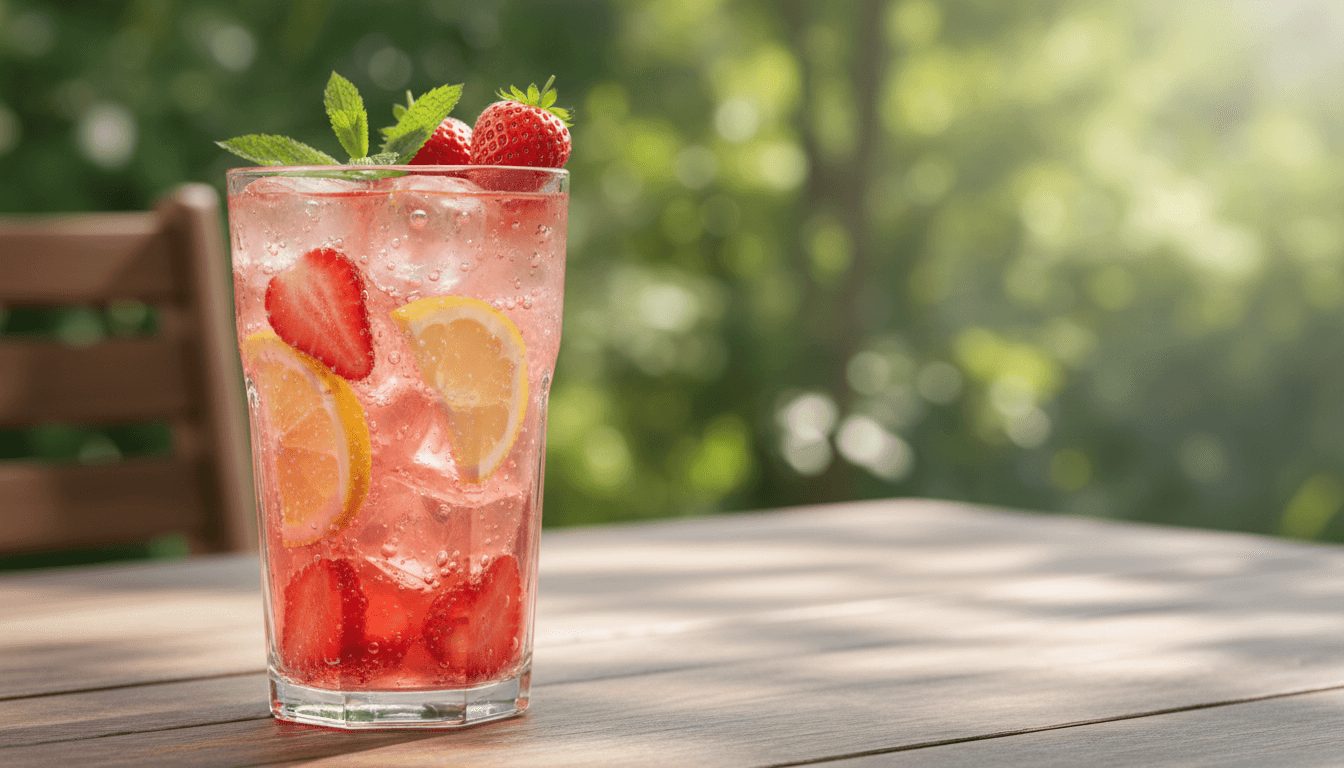 Strawberry lemonade with ice and fresh slices in a tall glass