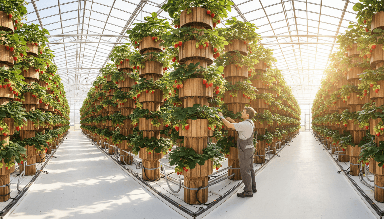 Vertical strawberry grow towers at Dillon's farm in Manchester with ripe red berries
