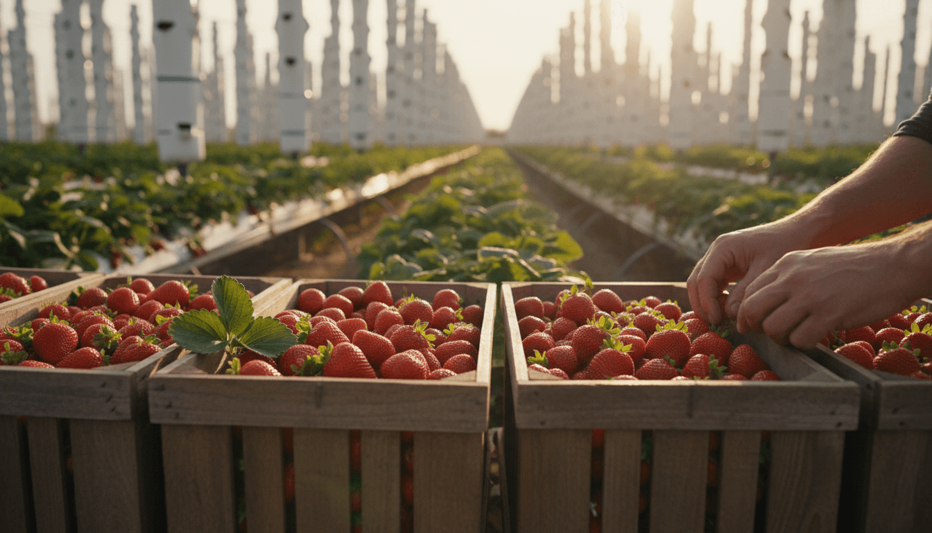 Fresh harvested strawberries in wooden crates at Dillon's Strawberry Farm Manchester with vertical grow towers visible in soft focus