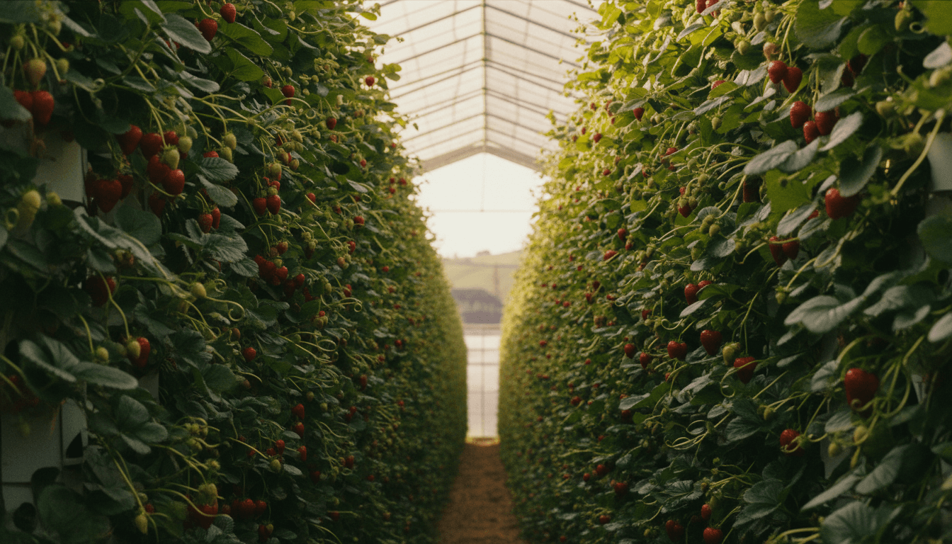 Vertical strawberry towers with ripe fruit in natural sunlight at Dillon's Strawberry farm