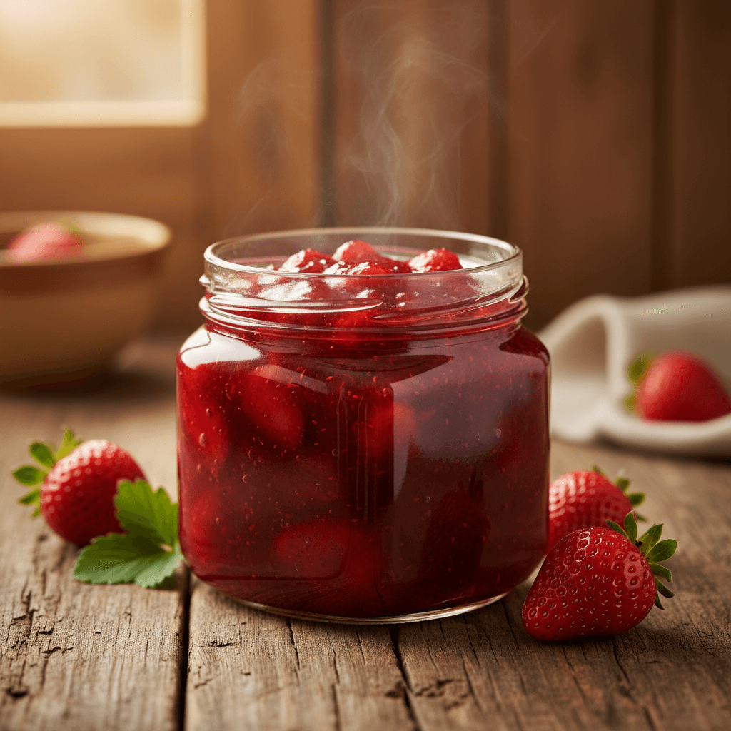 Fresh strawberry jam in a glass jar with strawberries beside it