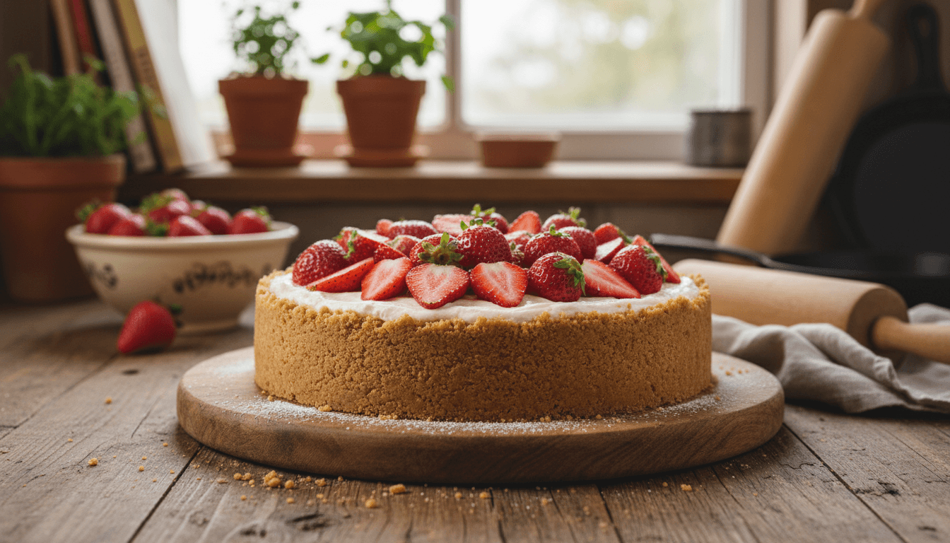 Complete no-bake cheesecake with fresh strawberries on rustic wooden board