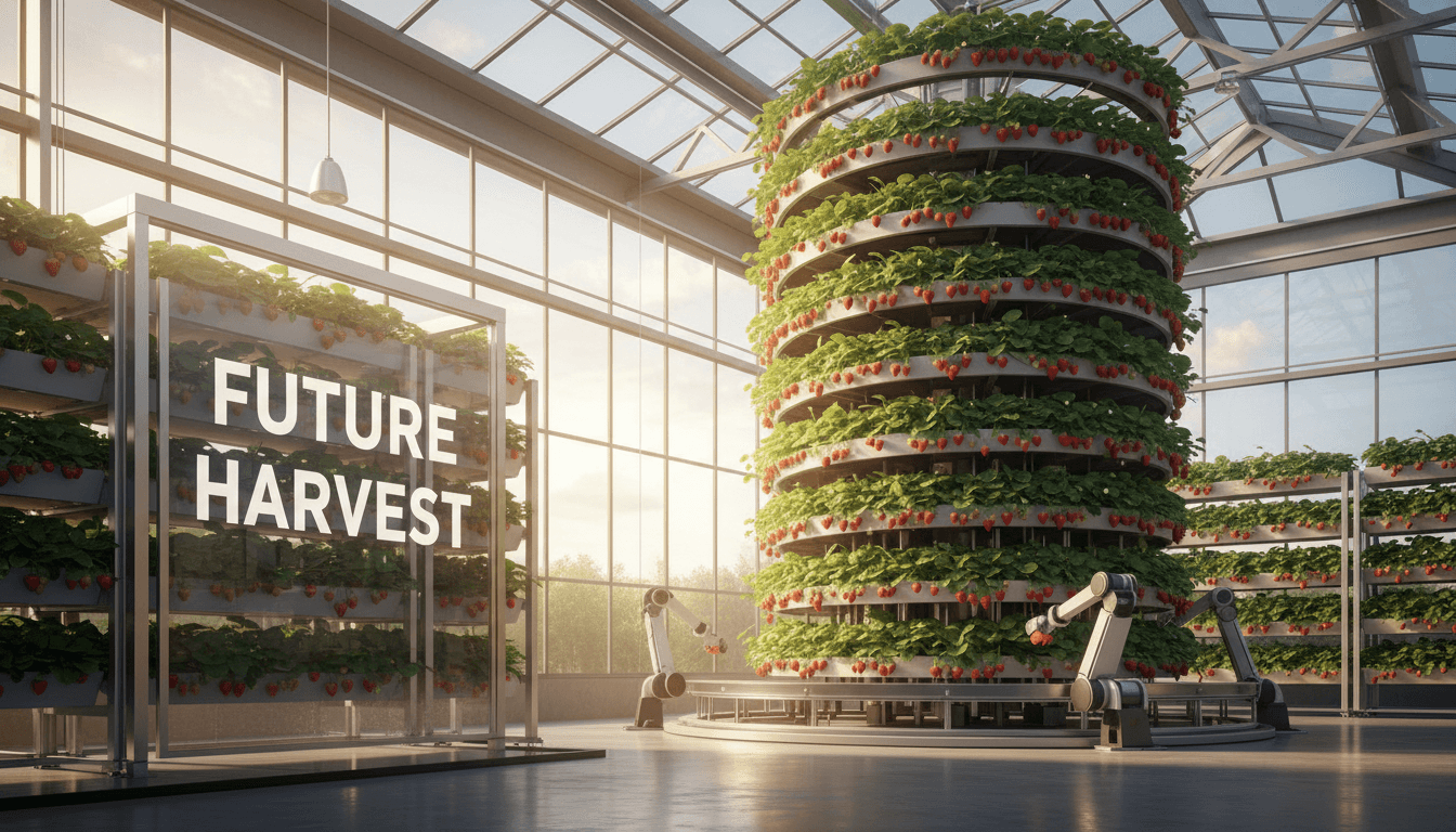 Vertical strawberry growing tower showcasing sustainable farming technology