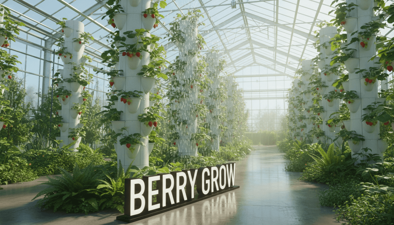 Vertical grow tower with thriving strawberry plants in a bright modern agricultural greenhouse setting