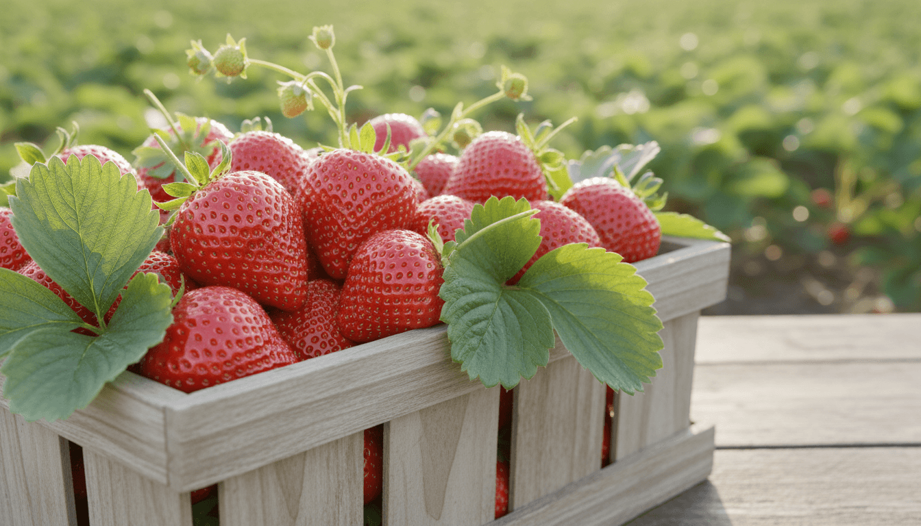 Freshly harvested pesticide-free strawberries in harvest basket