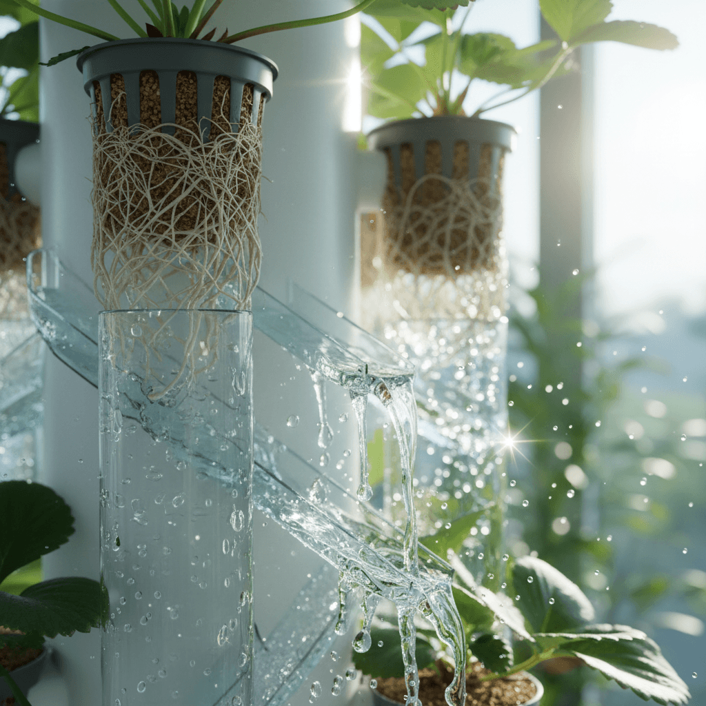 Nutrient solution flowing through hydroponic channels to plant roots